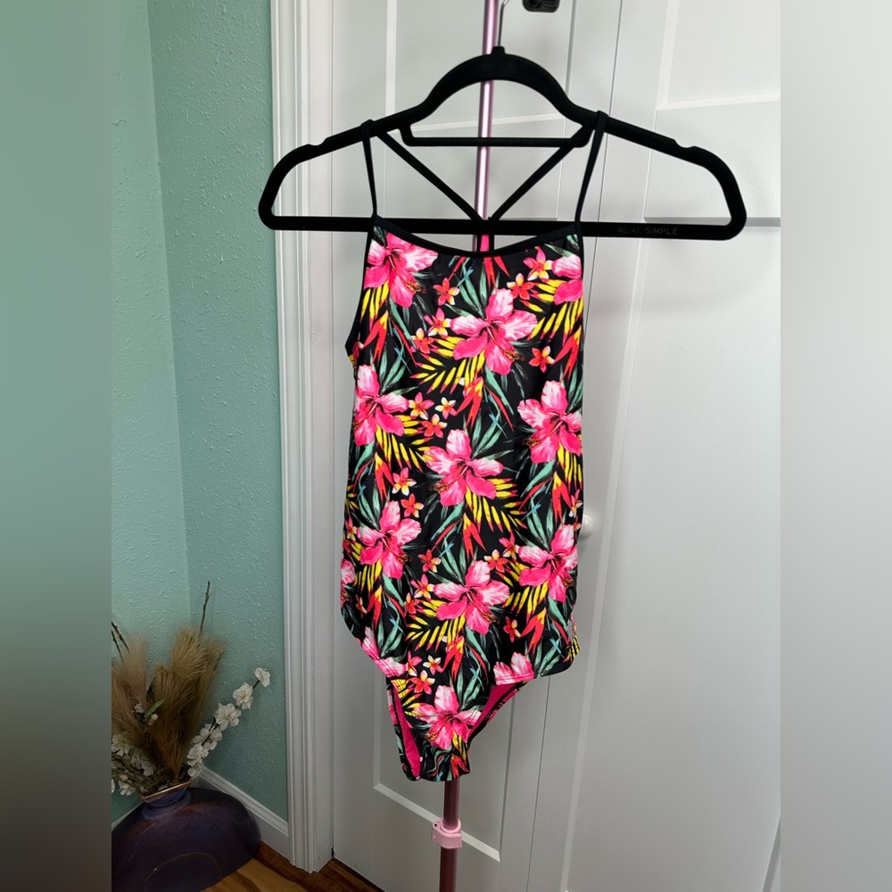 Hurley Girls Black Hyper Pink Floral Tropical One Piece Swimsuit 14/16 neon EUC